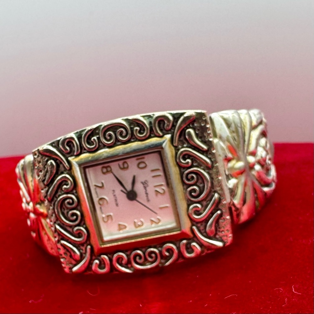 Vintage Geneva Silvertone Women's Cuff Watch Ornate Statement Bracelet Watch